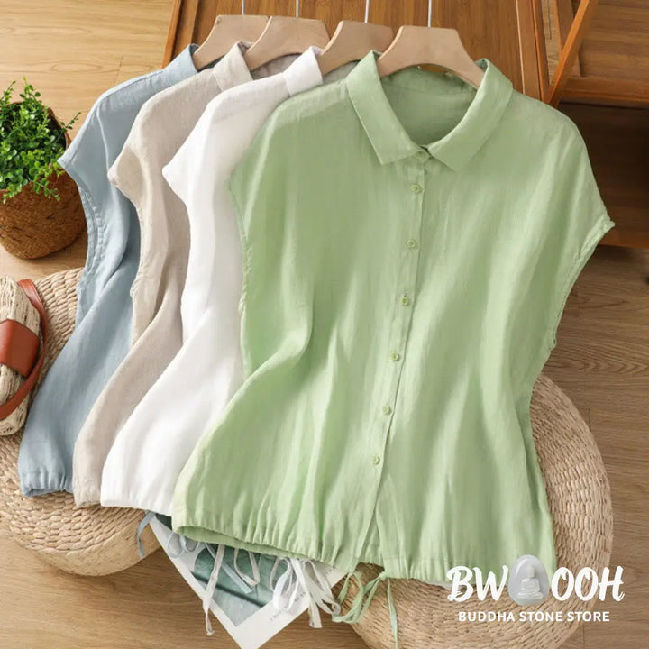 Buddha Stones Summer Plain Color Button Short Sleeve Women’s Cotton Shirt - Women’s Shirts