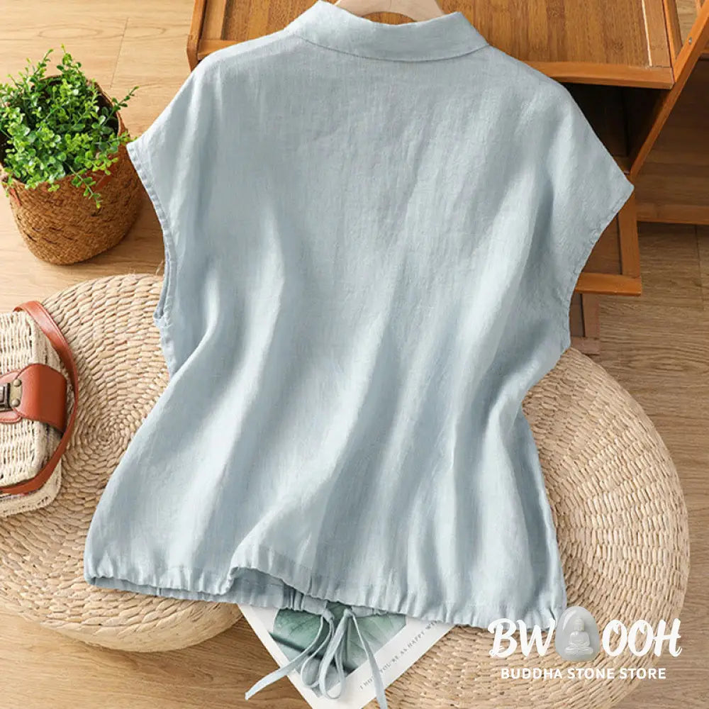 Buddha Stones Summer Plain Color Button Short Sleeve Women’s Cotton Shirt - Women’s Shirts