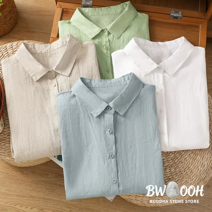 Buddha Stones Summer Plain Color Button Short Sleeve Women’s Cotton Shirt - Women’s Shirts