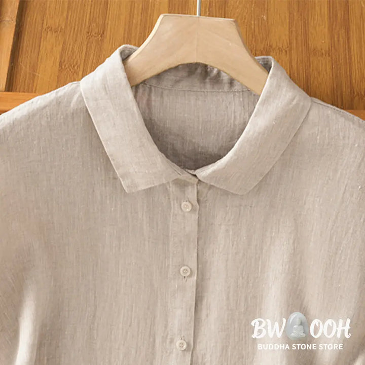 Buddha Stones Summer Plain Color Button Short Sleeve Women’s Cotton Shirt - Women’s Shirts