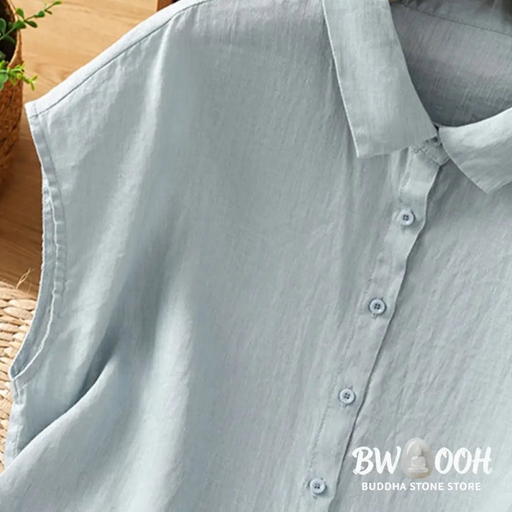 Buddha Stones Summer Plain Color Button Short Sleeve Women’s Cotton Shirt - Women’s Shirts