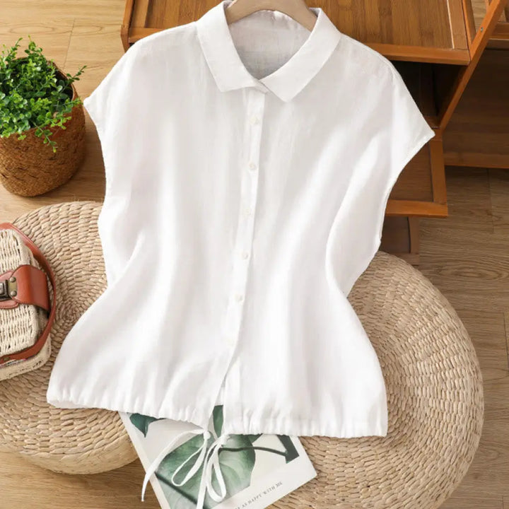 Buddha Stones Summer Plain Color Button Short Sleeve Women’s Cotton Shirt - White / US6，UK/AU10，EU38 (M) - Women’s