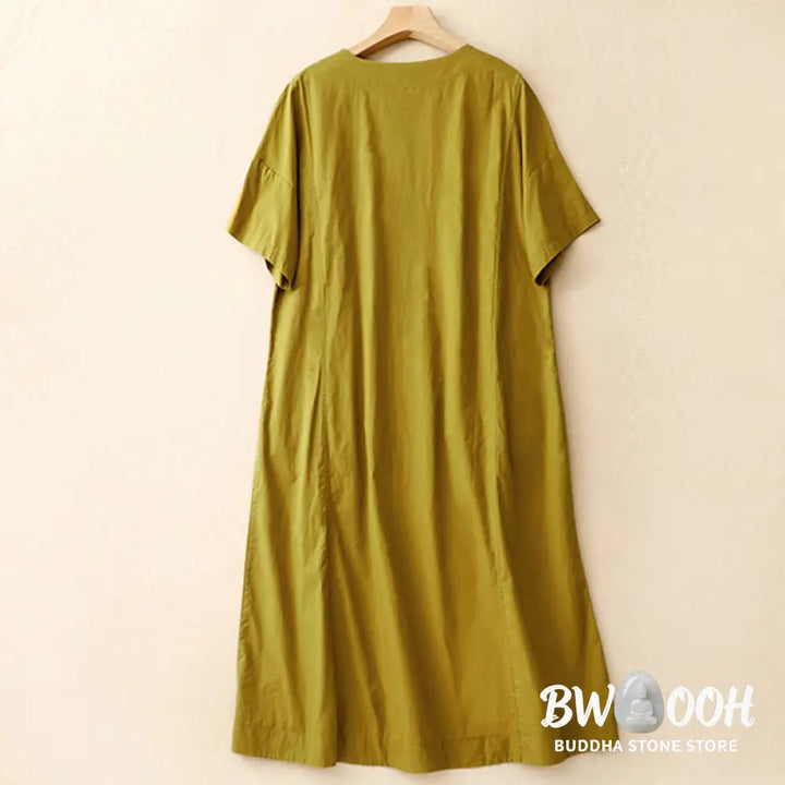 Buddha Stones Summer Plain Crew Neck Simple Short Sleeve Design Midi Dress With Pockets - Midi Dress