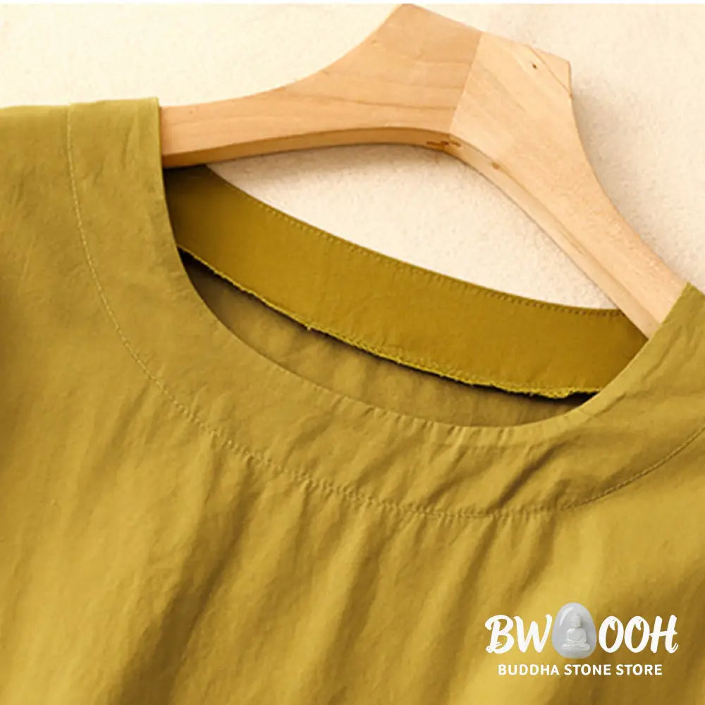 Buddha Stones Summer Plain Crew Neck Simple Short Sleeve Design Midi Dress With Pockets - Midi Dress