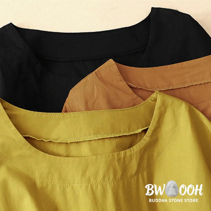 Buddha Stones Summer Plain Crew Neck Simple Short Sleeve Design Midi Dress With Pockets - Midi Dress