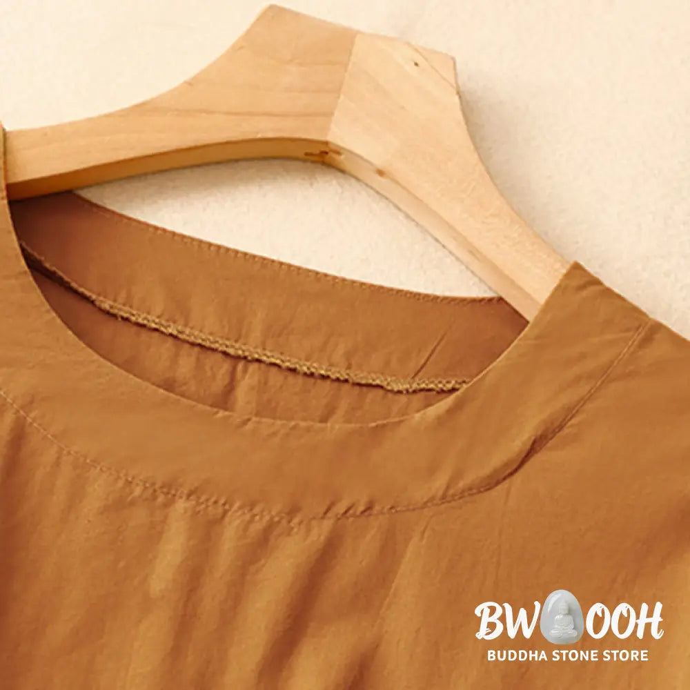 Buddha Stones Summer Plain Crew Neck Simple Short Sleeve Design Midi Dress With Pockets - Midi Dress