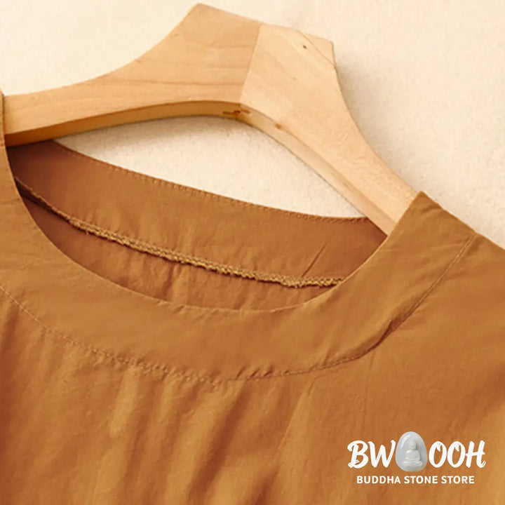 Buddha Stones Summer Plain Crew Neck Simple Short Sleeve Design Midi Dress With Pockets - Midi Dress