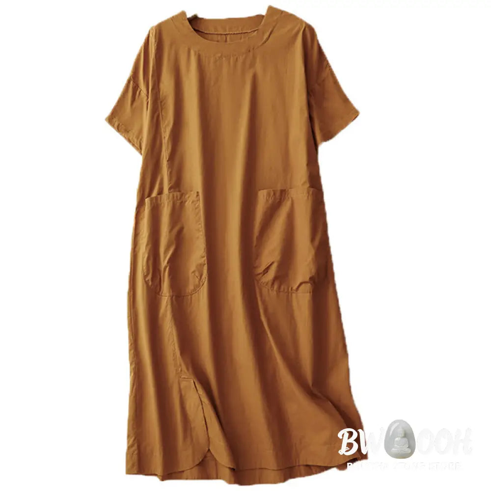 Buddha Stones Summer Plain Crew Neck Simple Short Sleeve Design Midi Dress With Pockets - Midi Dress