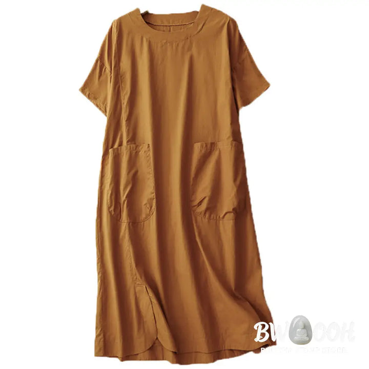 Buddha Stones Summer Plain Crew Neck Simple Short Sleeve Design Midi Dress With Pockets - Midi Dress