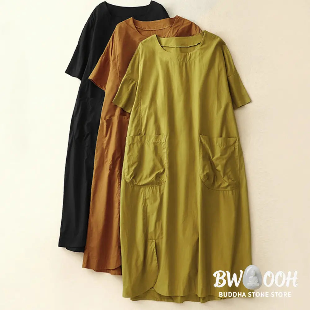 Buddha Stones Summer Plain Crew Neck Simple Short Sleeve Design Midi Dress With Pockets - Midi Dress
