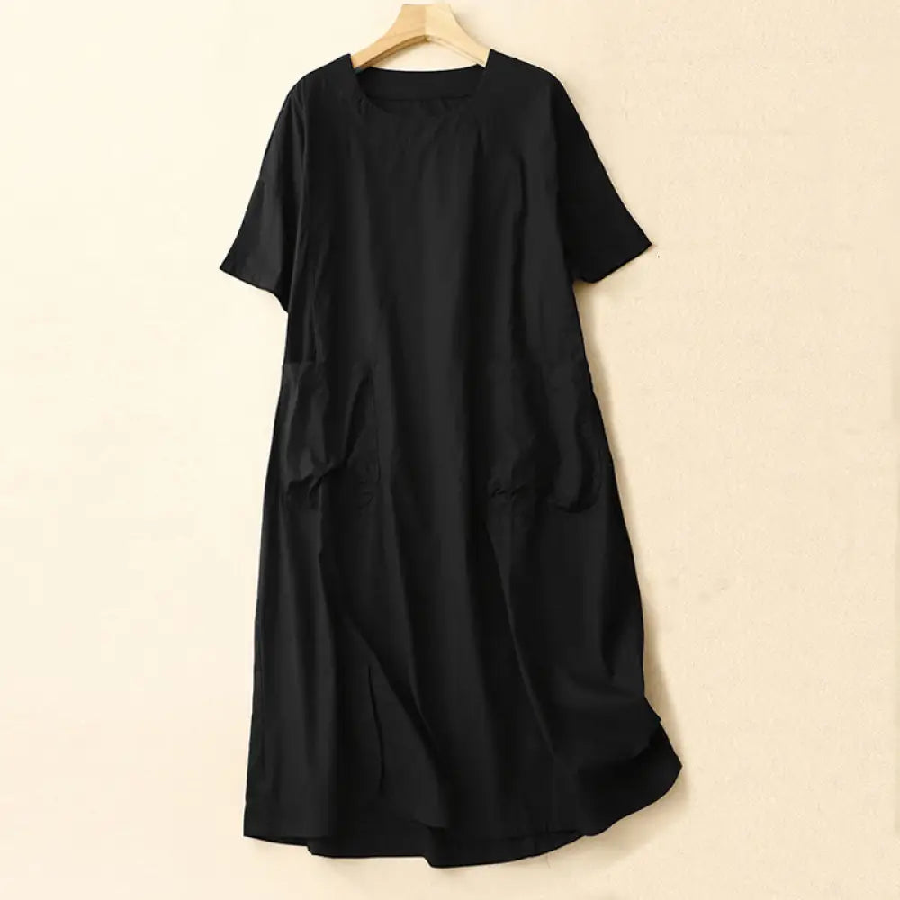 Buddha Stones Summer Plain Crew Neck Simple Short Sleeve Design Midi Dress With Pockets - Black / US4，UK/AU8，EU36 (L)