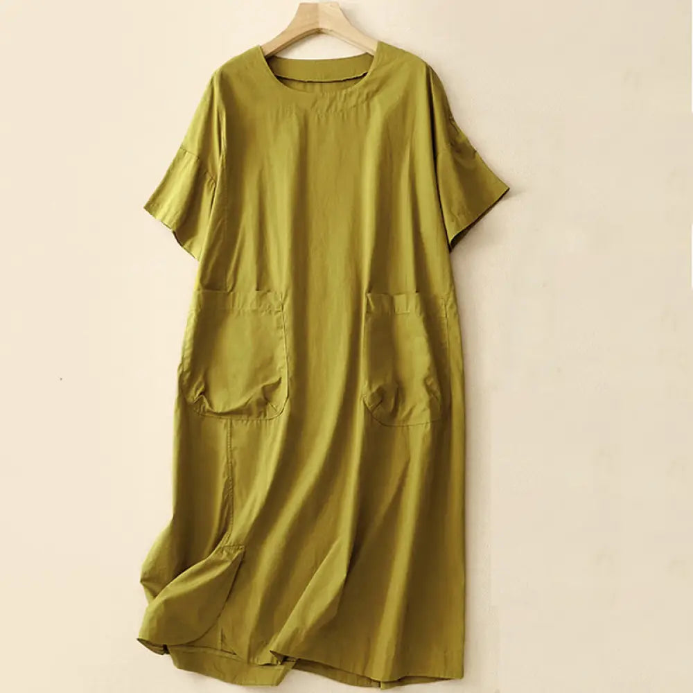 Buddha Stones Summer Plain Crew Neck Simple Short Sleeve Design Midi Dress With Pockets - YellowGreen / US4，UK/AU8，EU36