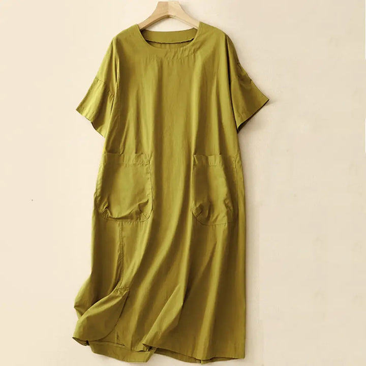 Buddha Stones Summer Plain Crew Neck Simple Short Sleeve Design Midi Dress With Pockets - YellowGreen / US4，UK/AU8，EU36
