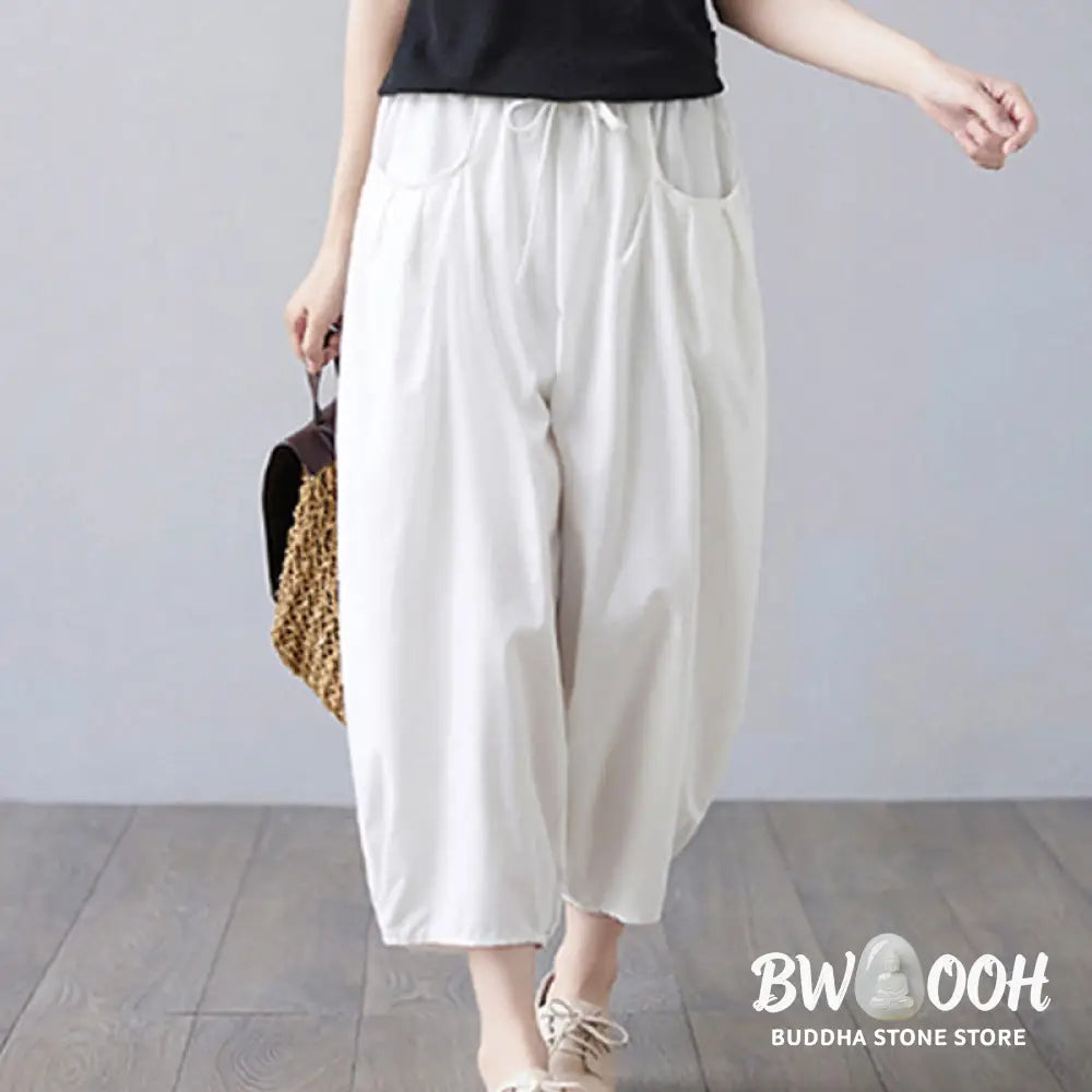 Buddha Stones Summer Plain Cropped Pants Women’s Cotton Linen Harem Pants With Pockets - Women’s Harem Pants