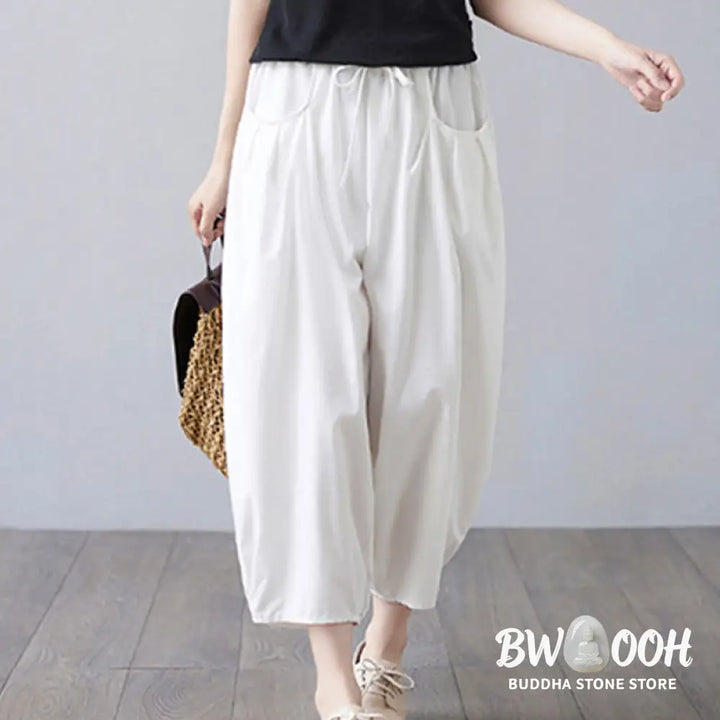 Buddha Stones Summer Plain Cropped Pants Women’s Cotton Linen Harem Pants With Pockets - Women’s Harem Pants