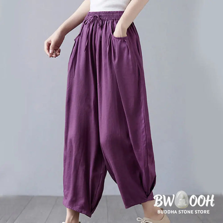 Buddha Stones Summer Plain Cropped Pants Women’s Cotton Linen Harem Pants With Pockets - Women’s Harem Pants