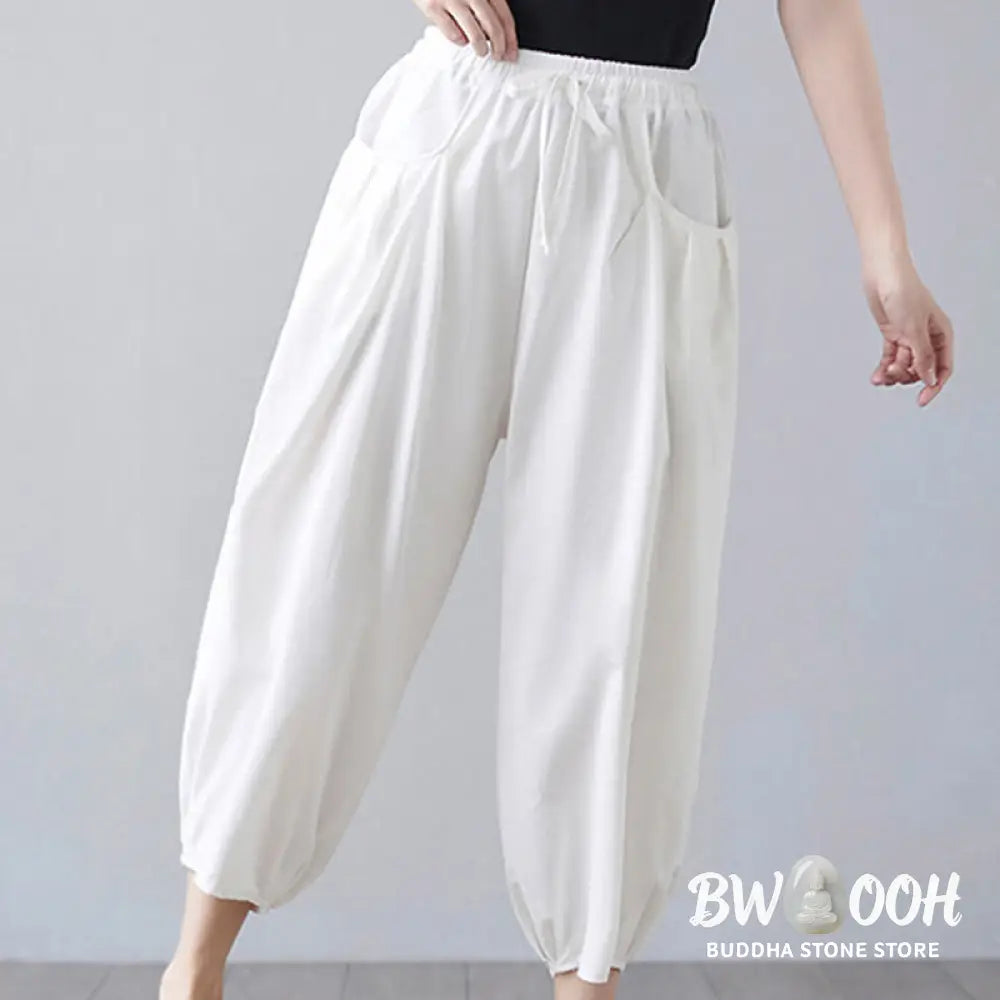 Buddha Stones Summer Plain Cropped Pants Women’s Cotton Linen Harem Pants With Pockets - Women’s Harem Pants