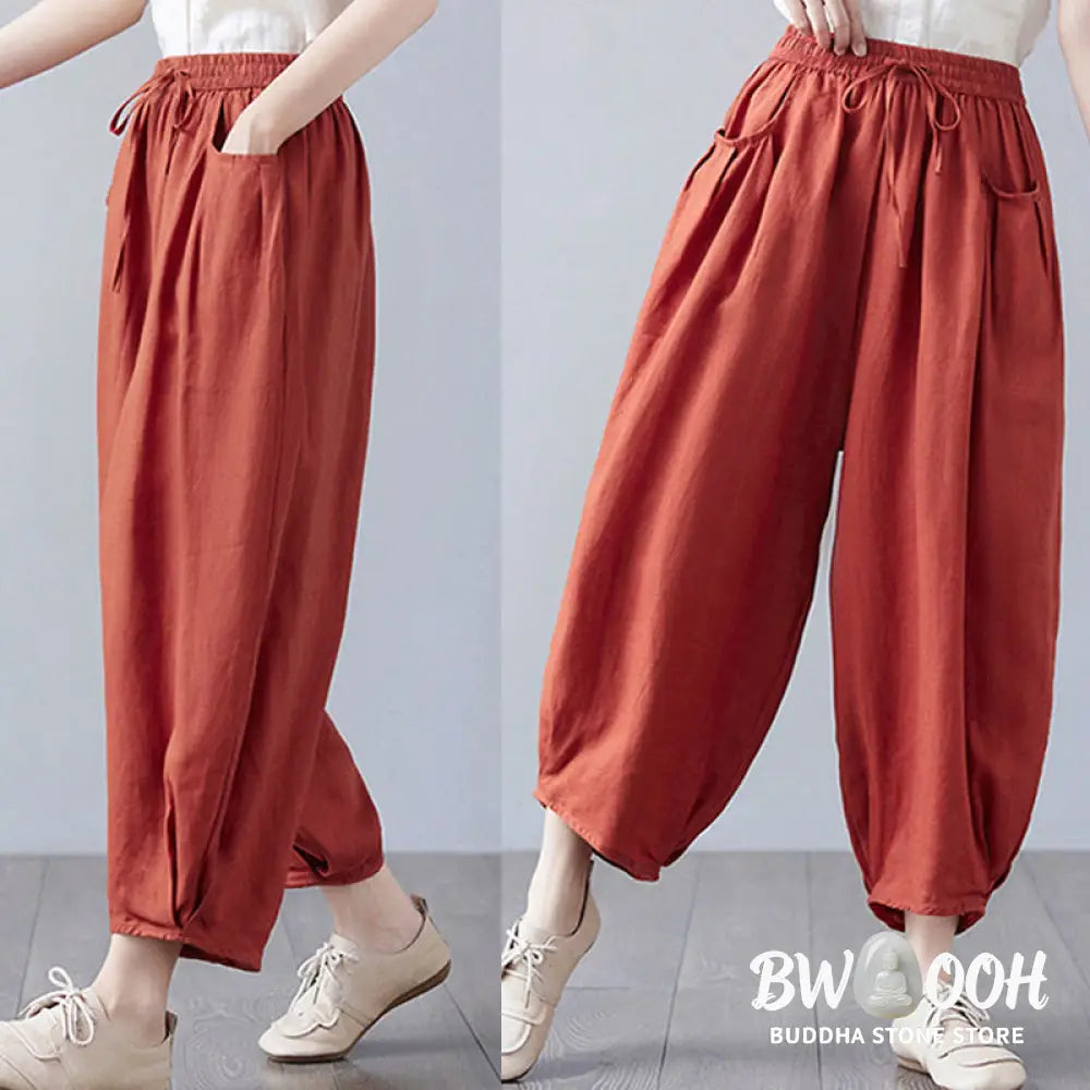 Buddha Stones Summer Plain Cropped Pants Women’s Cotton Linen Harem Pants With Pockets - Women’s Harem Pants