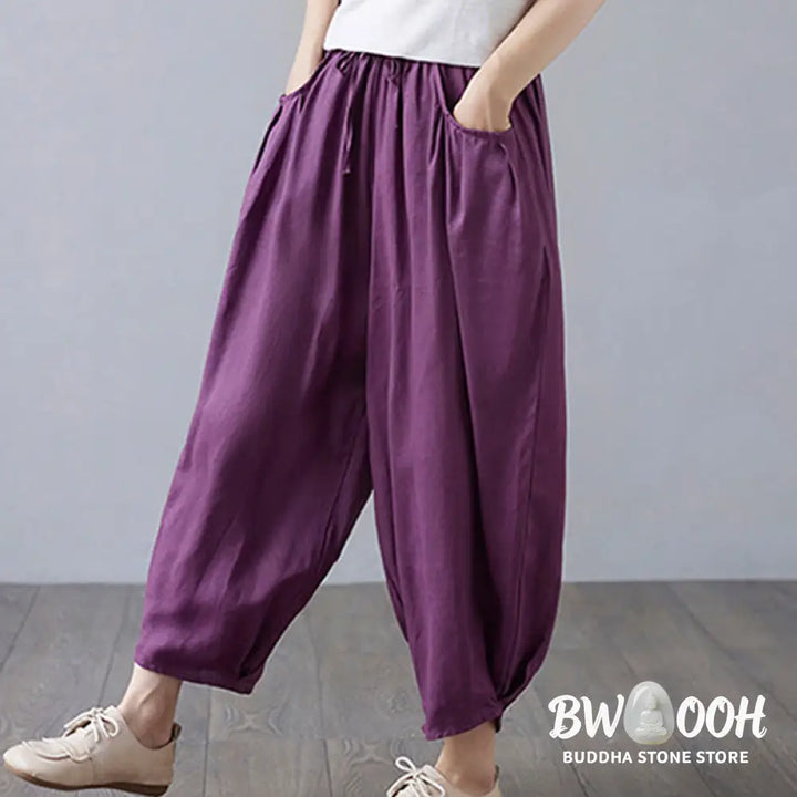 Buddha Stones Summer Plain Cropped Pants Women’s Cotton Linen Harem Pants With Pockets - Women’s Harem Pants