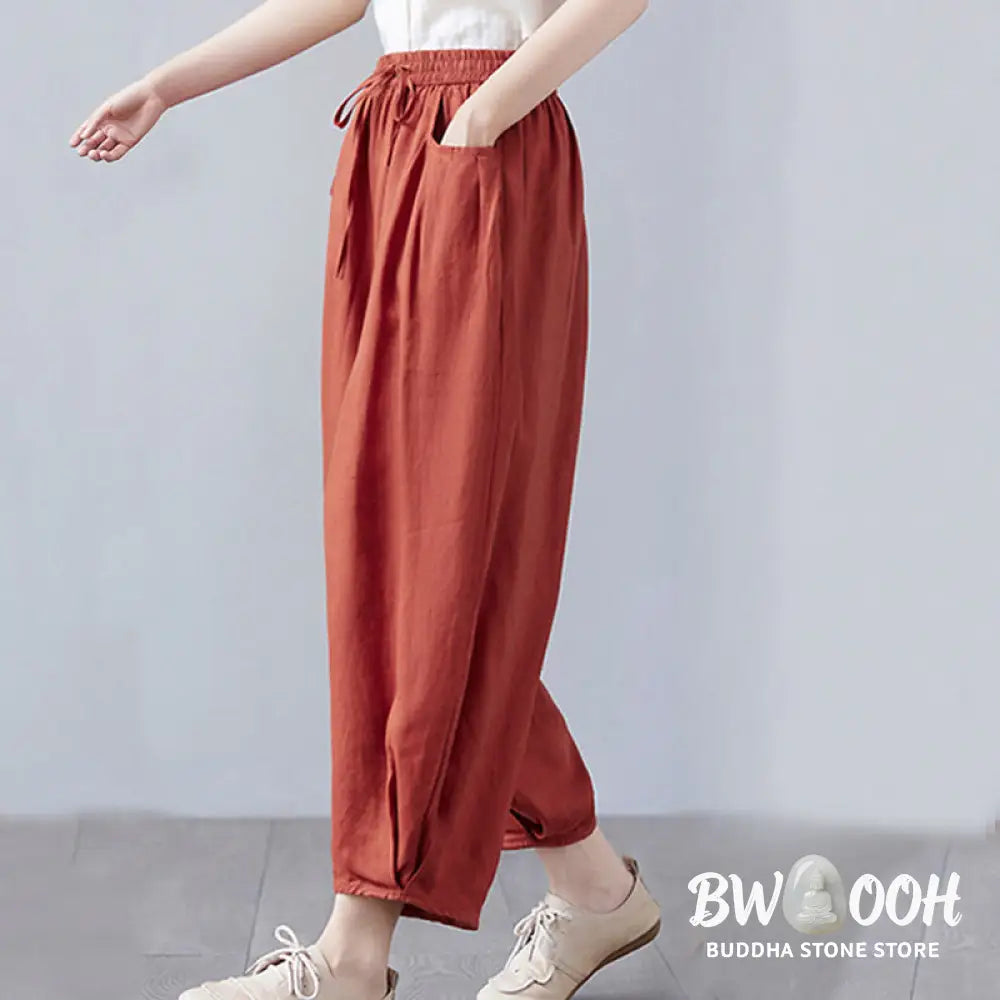 Buddha Stones Summer Plain Cropped Pants Women’s Cotton Linen Harem Pants With Pockets - Women’s Harem Pants