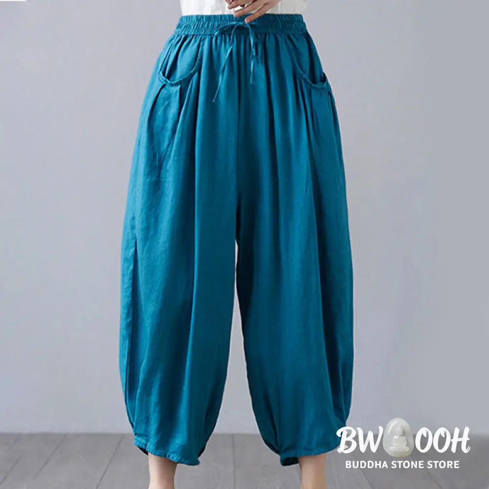 Buddha Stones Summer Plain Cropped Pants Women’s Cotton Linen Harem Pants With Pockets - Women’s Harem Pants