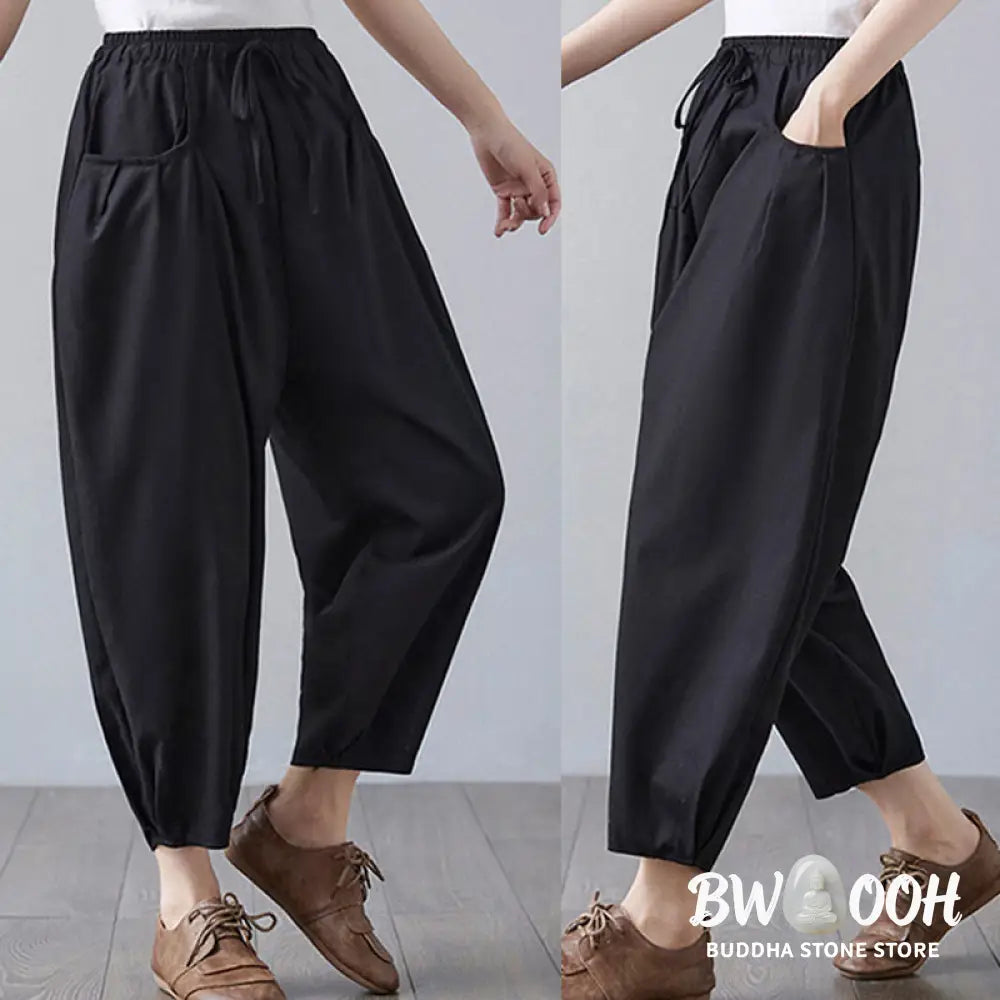 Buddha Stones Summer Plain Cropped Pants Women’s Cotton Linen Harem Pants With Pockets - Women’s Harem Pants