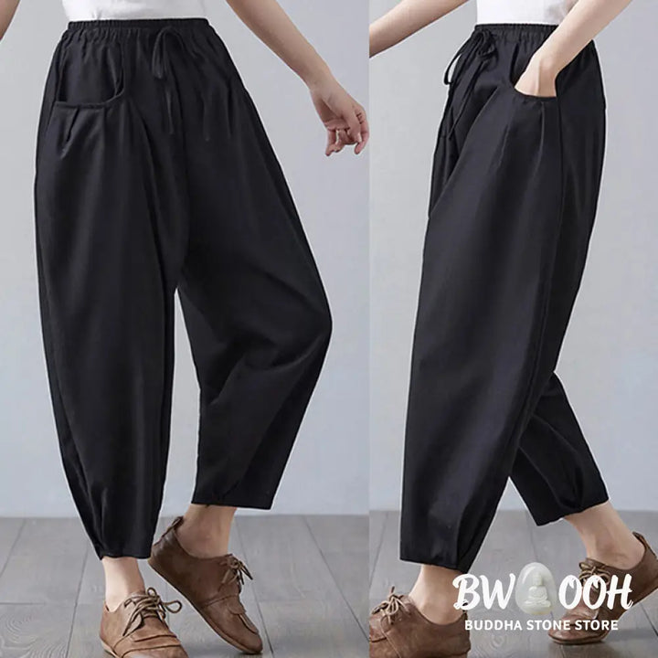 Buddha Stones Summer Plain Cropped Pants Women’s Cotton Linen Harem Pants With Pockets - Women’s Harem Pants
