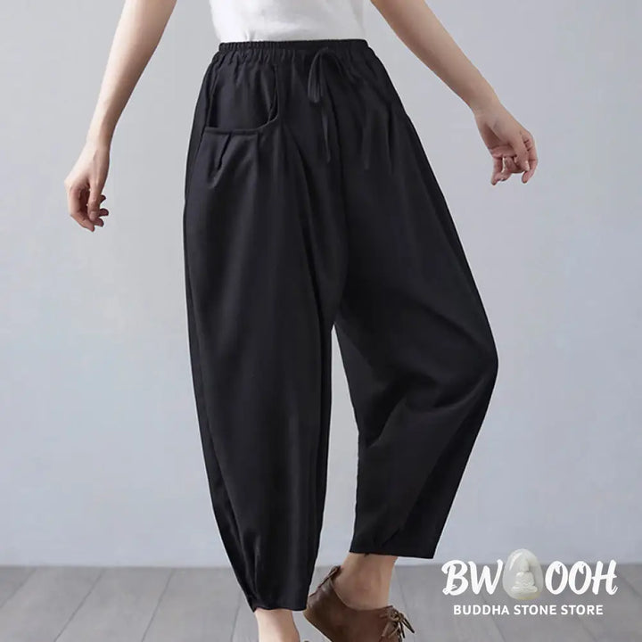 Buddha Stones Summer Plain Cropped Pants Women’s Cotton Linen Harem Pants With Pockets - Women’s Harem Pants