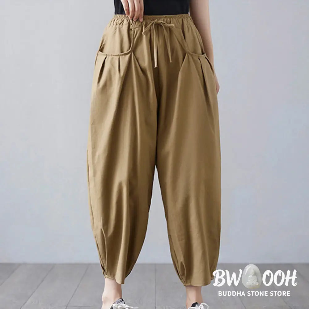 Buddha Stones Summer Plain Cropped Pants Women’s Cotton Linen Harem Pants With Pockets - Women’s Harem Pants