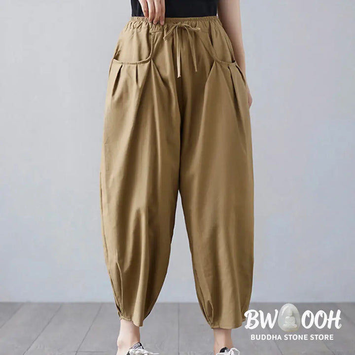 Buddha Stones Summer Plain Cropped Pants Women’s Cotton Linen Harem Pants With Pockets - Women’s Harem Pants