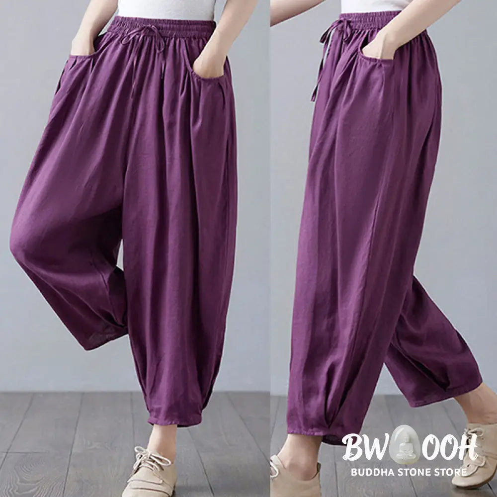 Buddha Stones Summer Plain Cropped Pants Women’s Cotton Linen Harem Pants With Pockets - Women’s Harem Pants