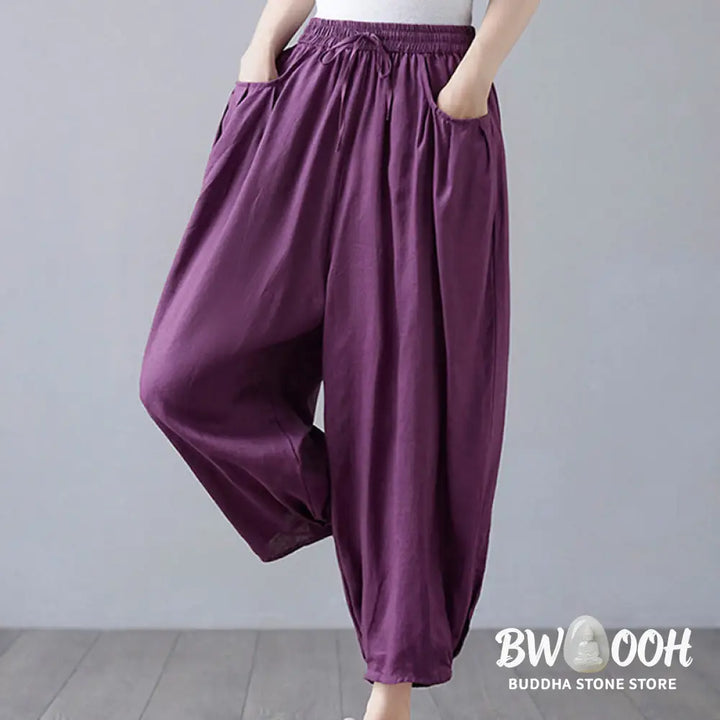Buddha Stones Summer Plain Cropped Pants Women’s Cotton Linen Harem Pants With Pockets - Women’s Harem Pants