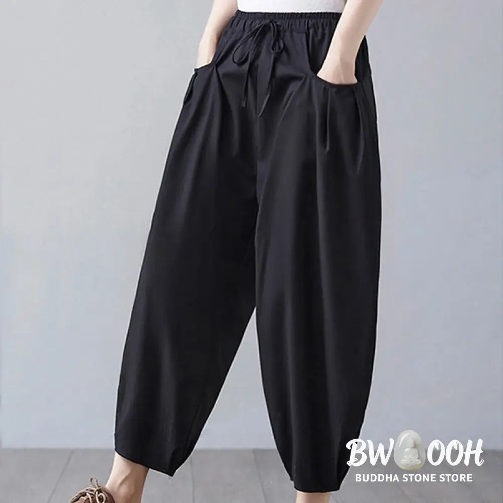 Buddha Stones Summer Plain Cropped Pants Women’s Cotton Linen Harem Pants With Pockets - Women’s Harem Pants