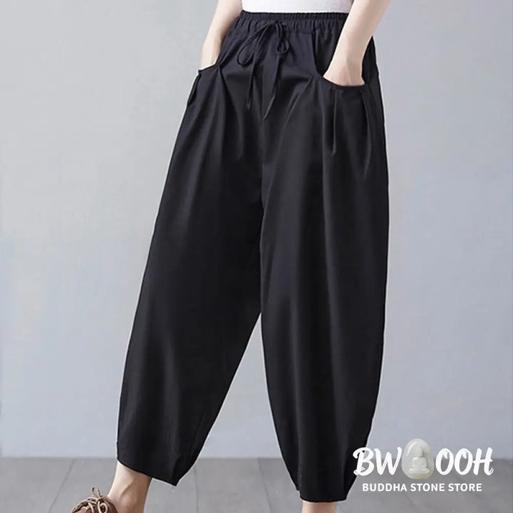 Buddha Stones Summer Plain Cropped Pants Women’s Cotton Linen Harem Pants With Pockets - Women’s Harem Pants