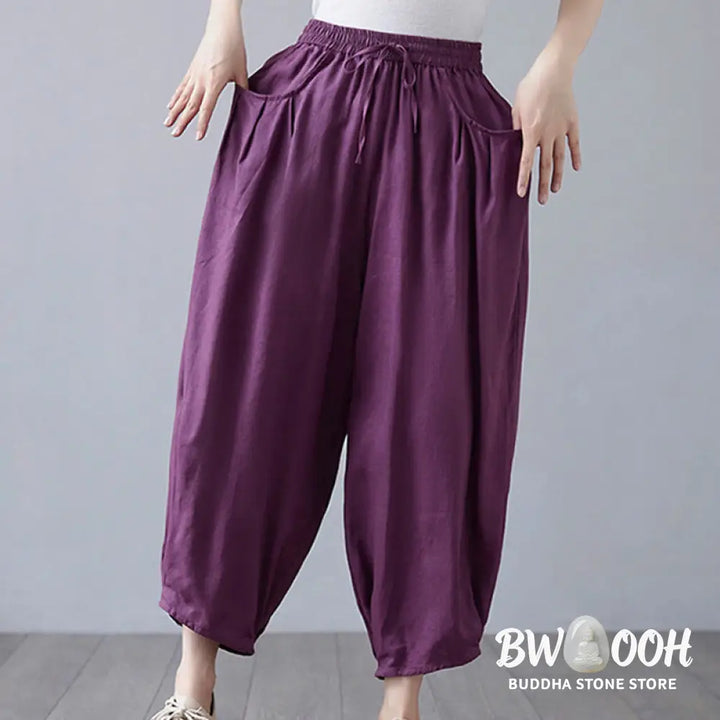 Buddha Stones Summer Plain Cropped Pants Women’s Cotton Linen Harem Pants With Pockets - Women’s Harem Pants