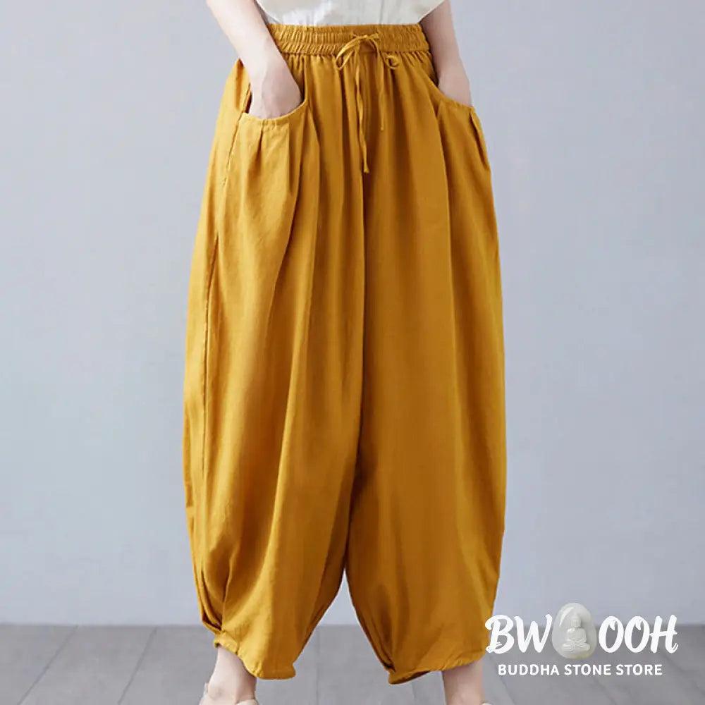 Buddha Stones Summer Plain Cropped Pants Women’s Cotton Linen Harem Pants With Pockets - Women’s Harem Pants