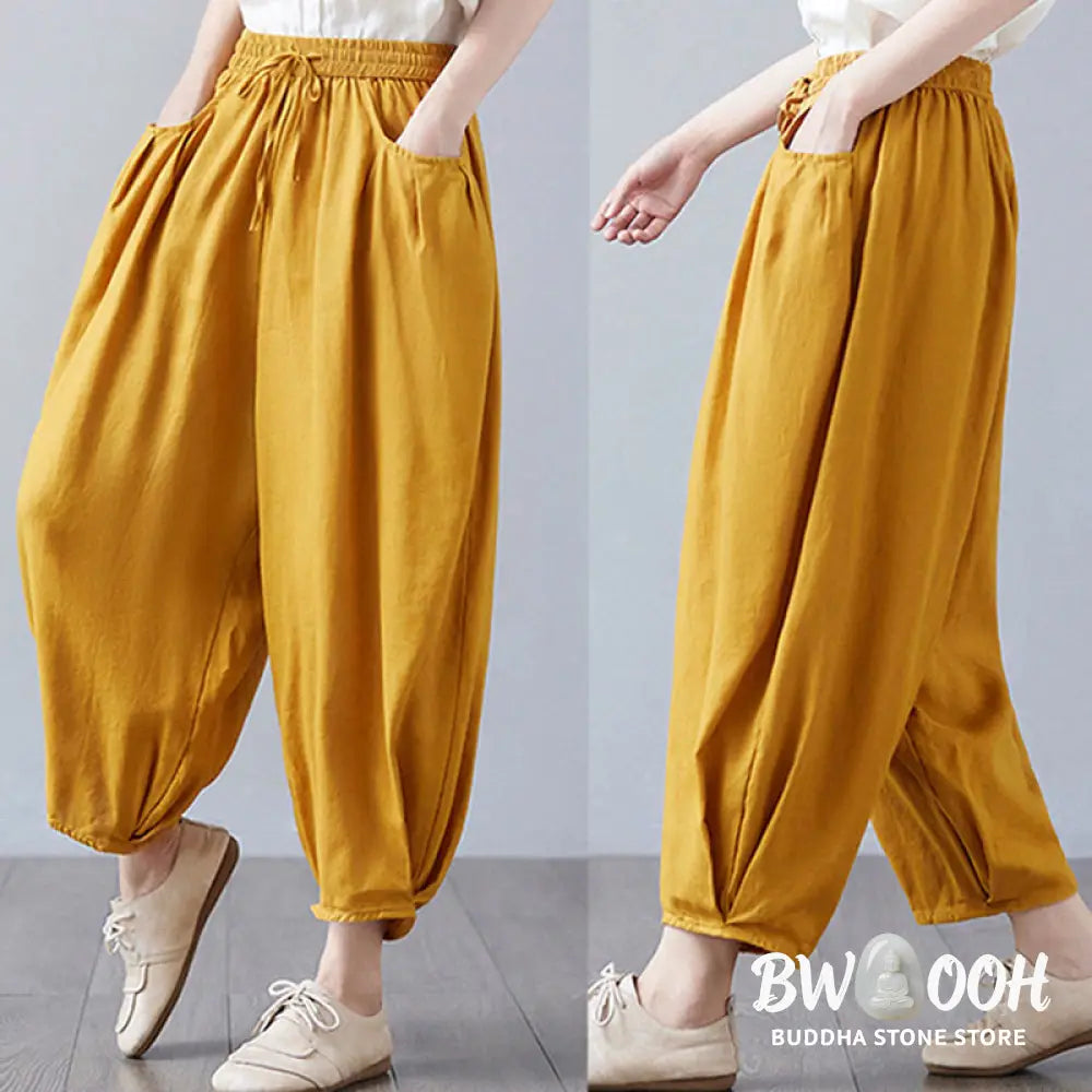 Buddha Stones Summer Plain Cropped Pants Women’s Cotton Linen Harem Pants With Pockets - Women’s Harem Pants