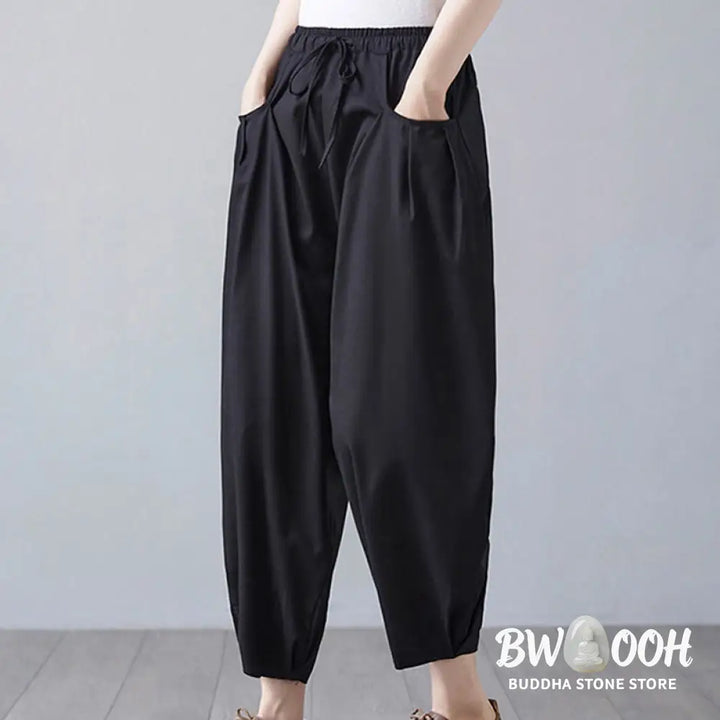 Buddha Stones Summer Plain Cropped Pants Women’s Cotton Linen Harem Pants With Pockets - Women’s Harem Pants