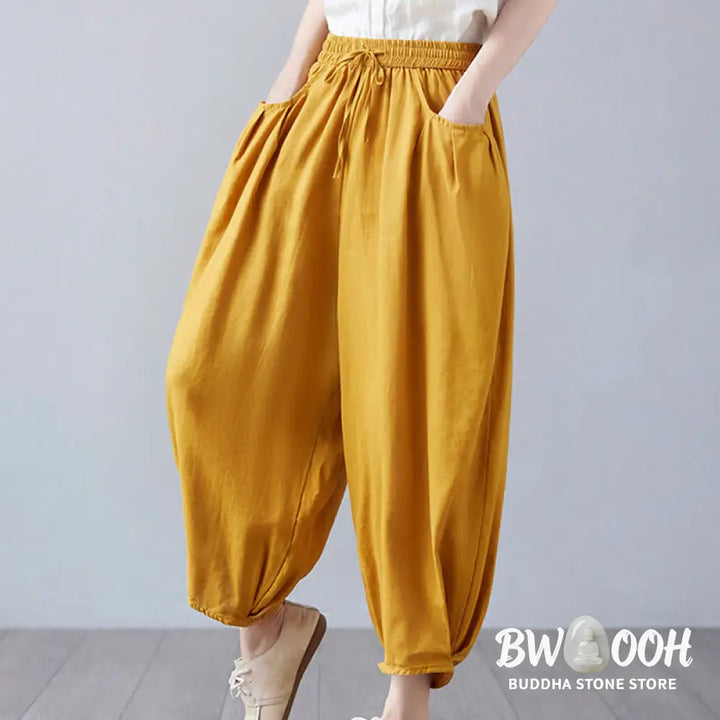 Buddha Stones Summer Plain Cropped Pants Women’s Cotton Linen Harem Pants With Pockets - Women’s Harem Pants