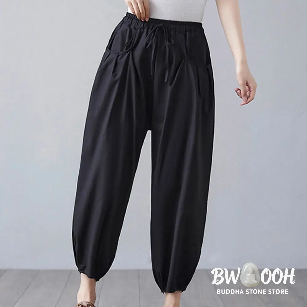 Buddha Stones Summer Plain Cropped Pants Women’s Cotton Linen Harem Pants With Pockets - Women’s Harem Pants