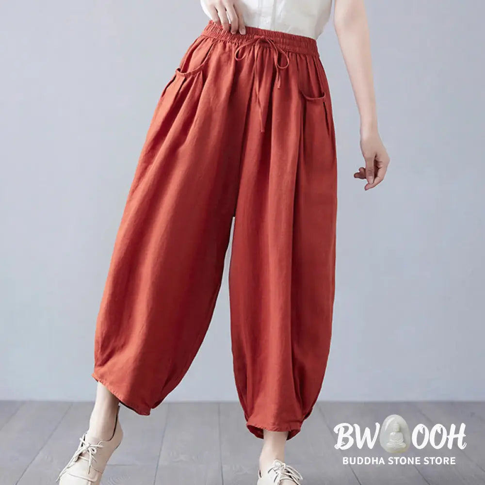 Buddha Stones Summer Plain Cropped Pants Women’s Cotton Linen Harem Pants With Pockets - Women’s Harem Pants
