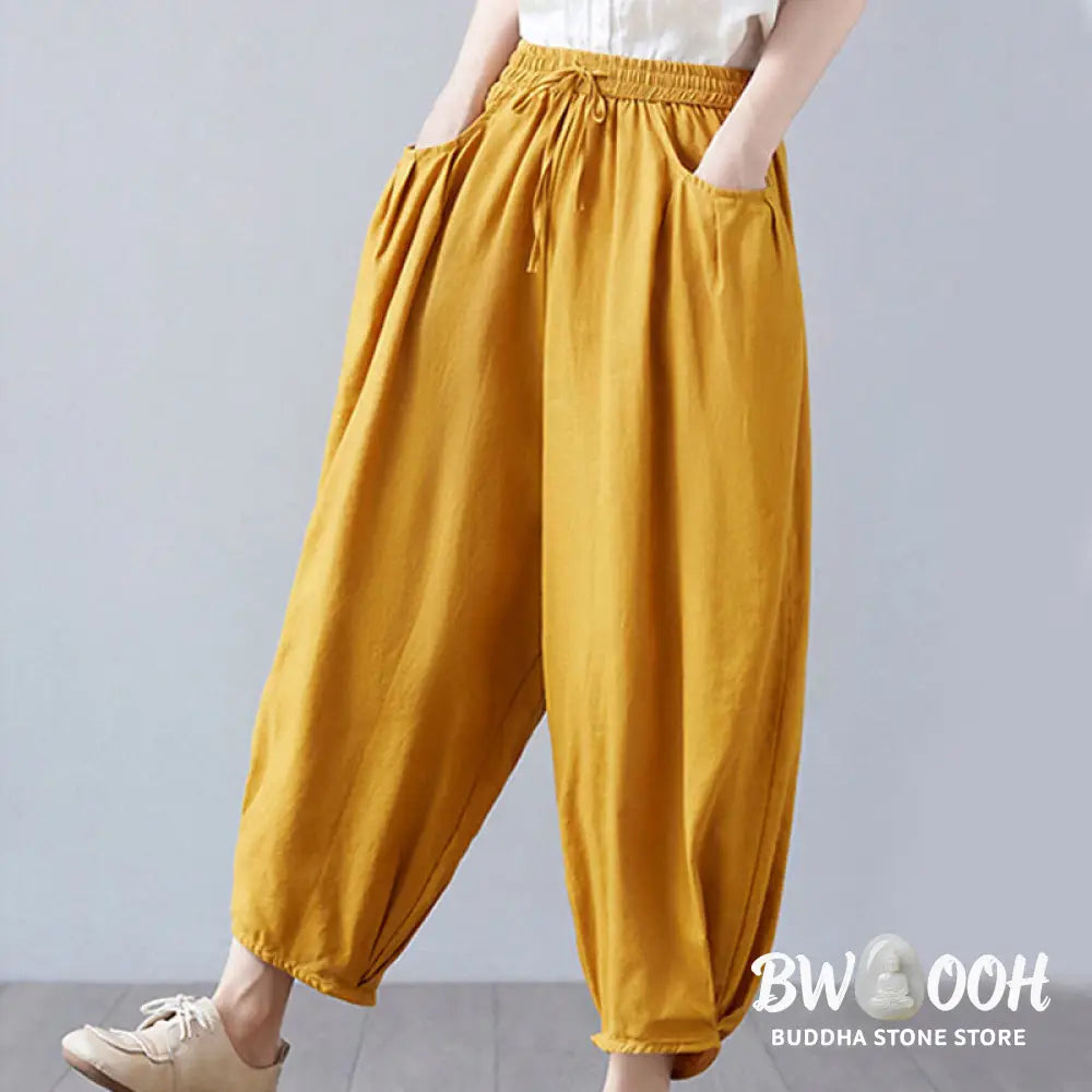 Buddha Stones Summer Plain Cropped Pants Women’s Cotton Linen Harem Pants With Pockets - Women’s Harem Pants
