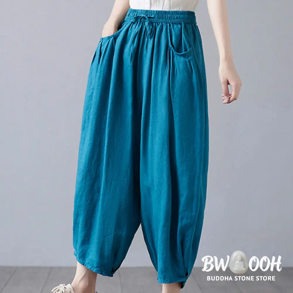 Buddha Stones Summer Plain Cropped Pants Women’s Cotton Linen Harem Pants With Pockets - Women’s Harem Pants