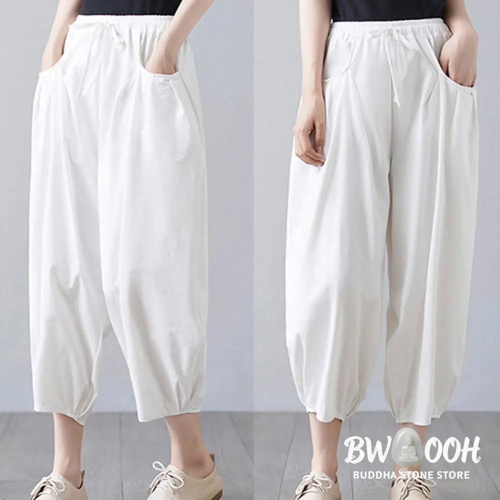 Buddha Stones Summer Plain Cropped Pants Women’s Cotton Linen Harem Pants With Pockets - Women’s Harem Pants