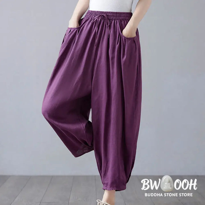 Buddha Stones Summer Plain Cropped Pants Women’s Cotton Linen Harem Pants With Pockets - Women’s Harem Pants