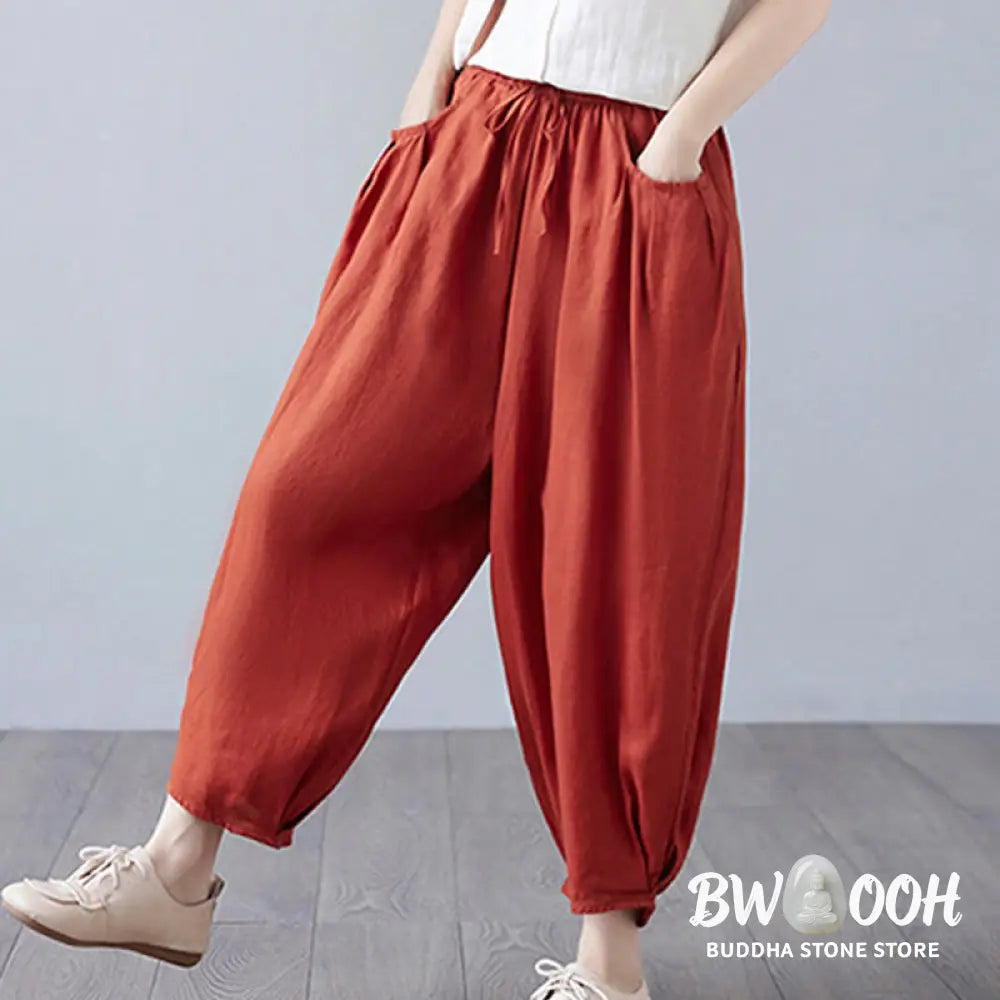 Buddha Stones Summer Plain Cropped Pants Women’s Cotton Linen Harem Pants With Pockets - Women’s Harem Pants
