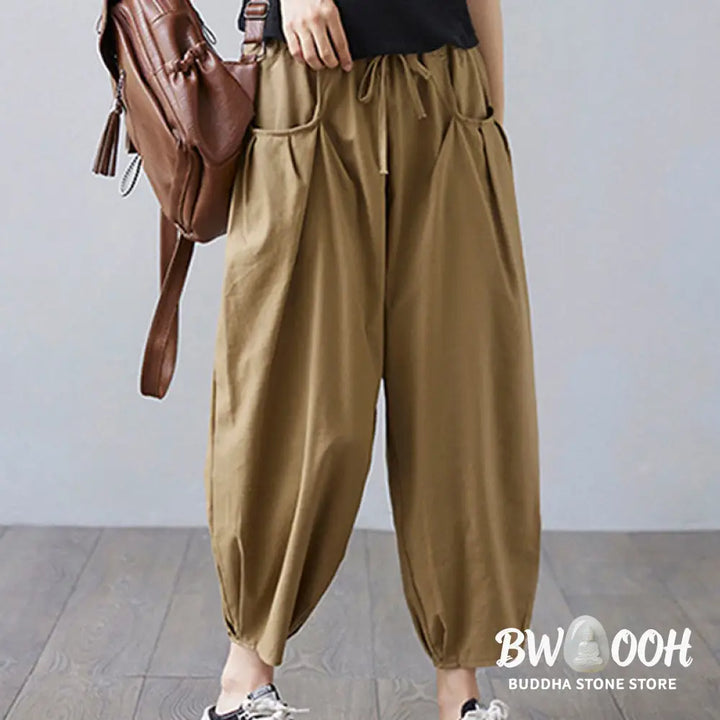 Buddha Stones Summer Plain Cropped Pants Women’s Cotton Linen Harem Pants With Pockets - Women’s Harem Pants