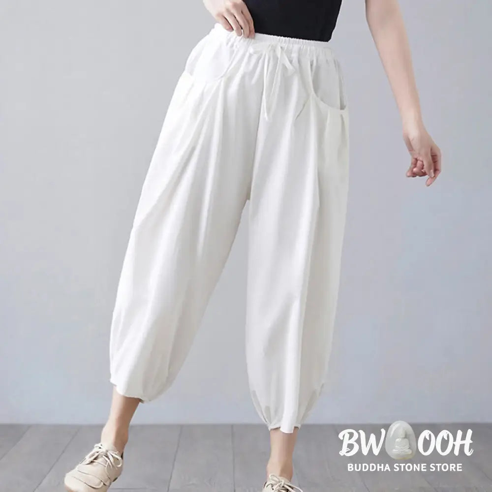 Buddha Stones Summer Plain Cropped Pants Women’s Cotton Linen Harem Pants With Pockets - Women’s Harem Pants