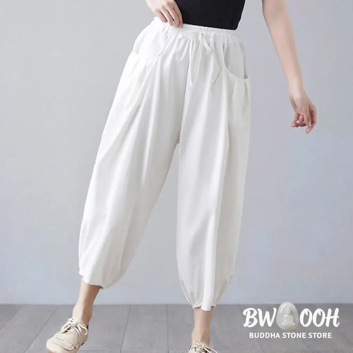 Buddha Stones Summer Plain Cropped Pants Women’s Cotton Linen Harem Pants With Pockets - Women’s Harem Pants