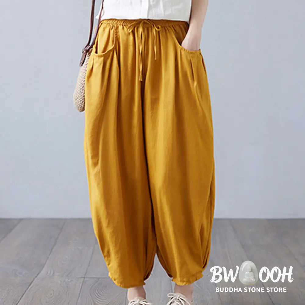 Buddha Stones Summer Plain Cropped Pants Women’s Cotton Linen Harem Pants With Pockets - Women’s Harem Pants
